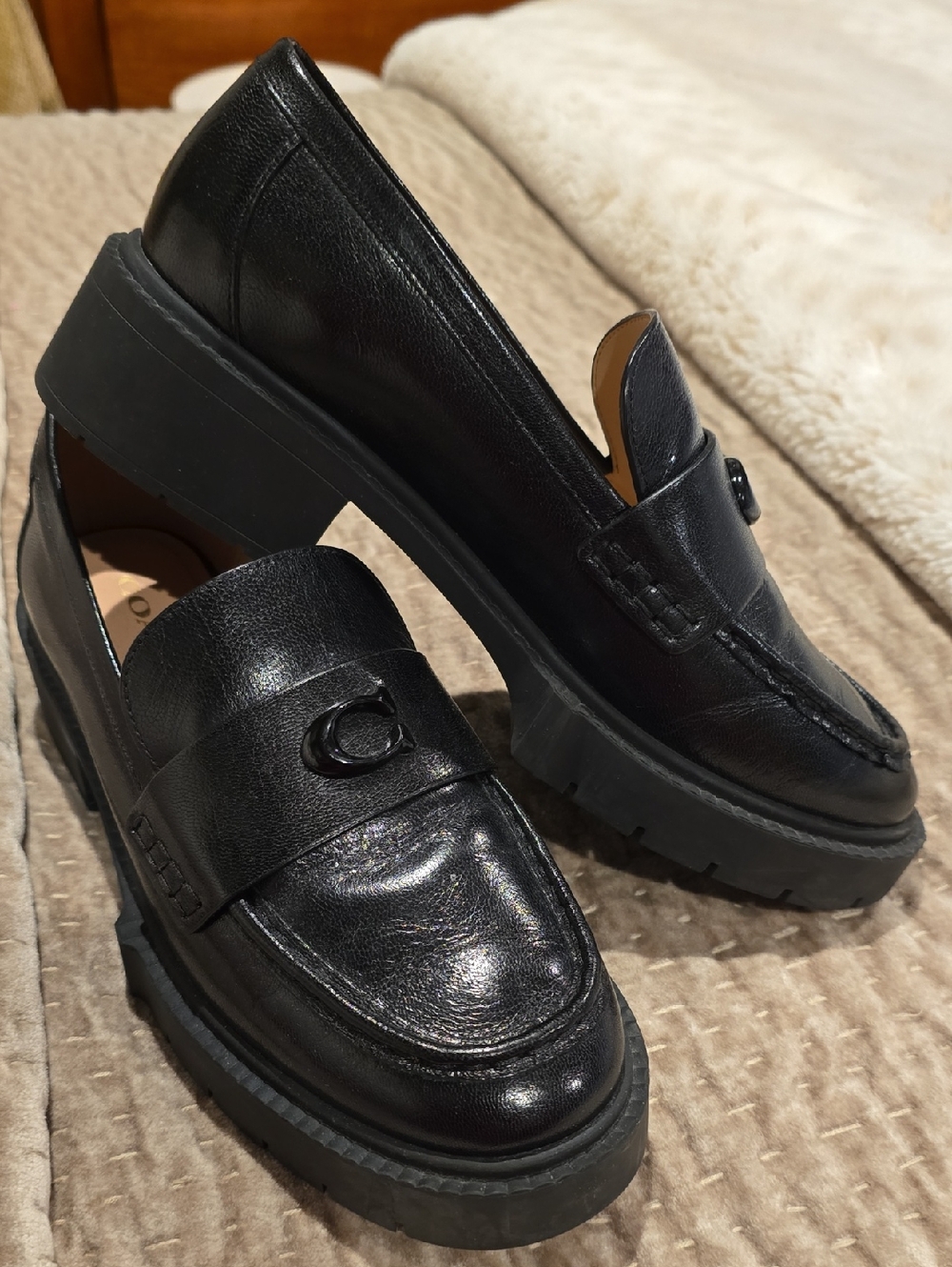 Coach Leah Black Leather Penny Loafers with Signature 'C' - Picture 5 of 5